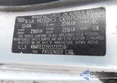 2005 Kia Spectra Ex/Lx/Sx z USA, uszkodzony, nr VIN KNAFE121955131359